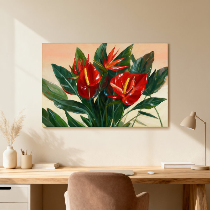 Plantes et fleurs, fleurs rouges, feuilles vertes, reproduction d'art sur toile, H 24 po x l 36 po, Grain de bois clair