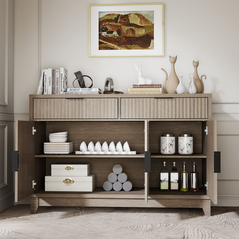 47" Modern Fluted Buffet Cabinet, 2 Drawers + Adjustable Shelves – Large Storage for Dining Room, Living Room, Washed Gray