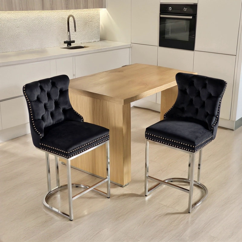 25" Counter Height Bar Stools Set Of 2, Black Velvet