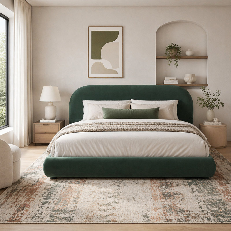 Lit tapissier simple avec lit double moderne, Très grand lit, Vert