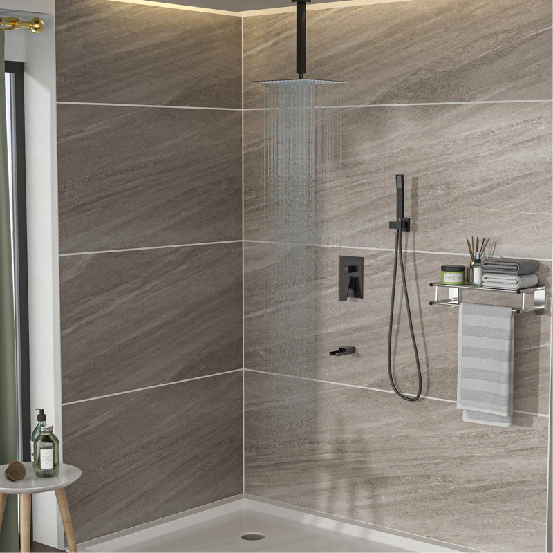 Shower System with Waterfall Tub Spout,16 Inch Ceiling Mount Square Shower System with Rough-in Valve, Oil Rubber Bronze
