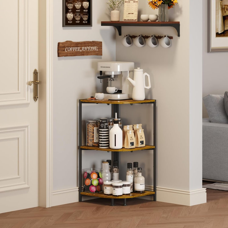 Corner Display Shelves With Storage Shelf & 16.34" Large Countertop, Rustic Wood Display Rack With Adjustable Feet For Kitchen/Bedroom/Living Room/Small Space