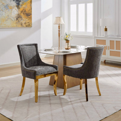 Chenille Dining Chairs Modern Style With Curved Gold  Plated Legs And Rivet Trim Upholstered Comfort