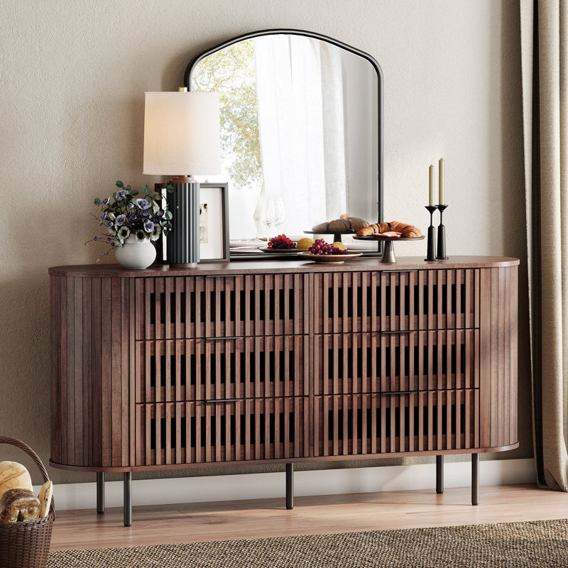 Modern 63" Fluted Tv Stand With 6 Drawers, Mid Centery Wooden Entertainment Center, Curved Edge Chest Of Drawers For Bedroom, Living Room