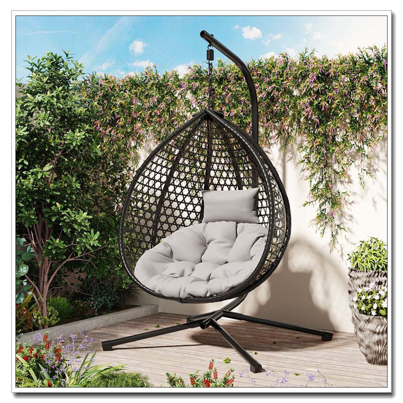 Hanging Egg Chair with Stand: Sturdy Iron Frame, PE Rattan, Foldable & Removable Cushion, Gray, Black