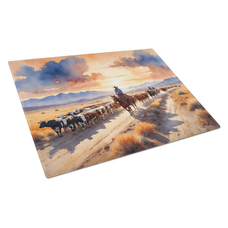 Cattle Drive at Sunset Glass Cutting Board
