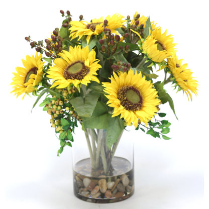 Sunflowers And Berries In Clear Glass Cylinder