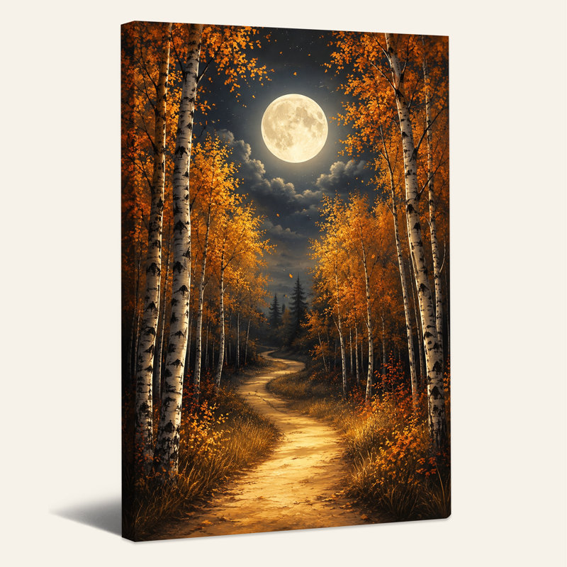 Pleine lune sur un chemin de bouleau sinueux en automne, art mural d'Halloween, H 18 po x l 12 po