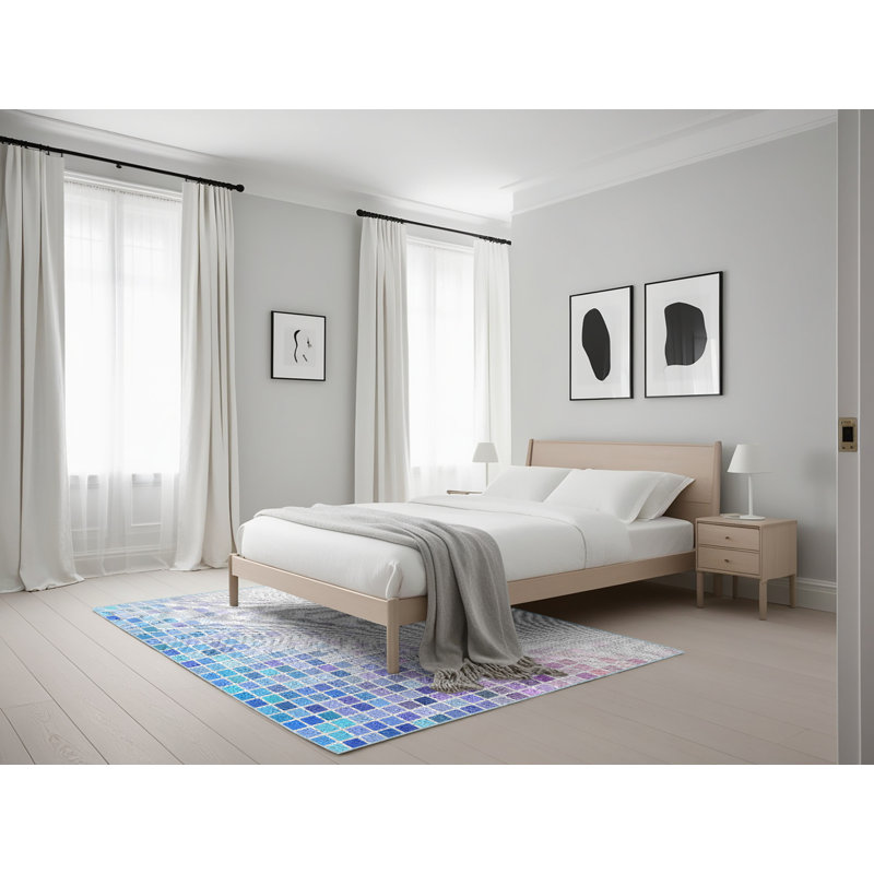 Tapis bleu/gris à motifs, Rectangle 5 pi x 7 pi