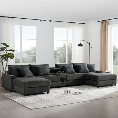 141.5*64'' Corduroy U-Shaped Sectional Sofa with Bluetooth Speakers, Console, USB Charger, Cup Holders, Storage, Ottoman, Dark Gray, 4-Piece