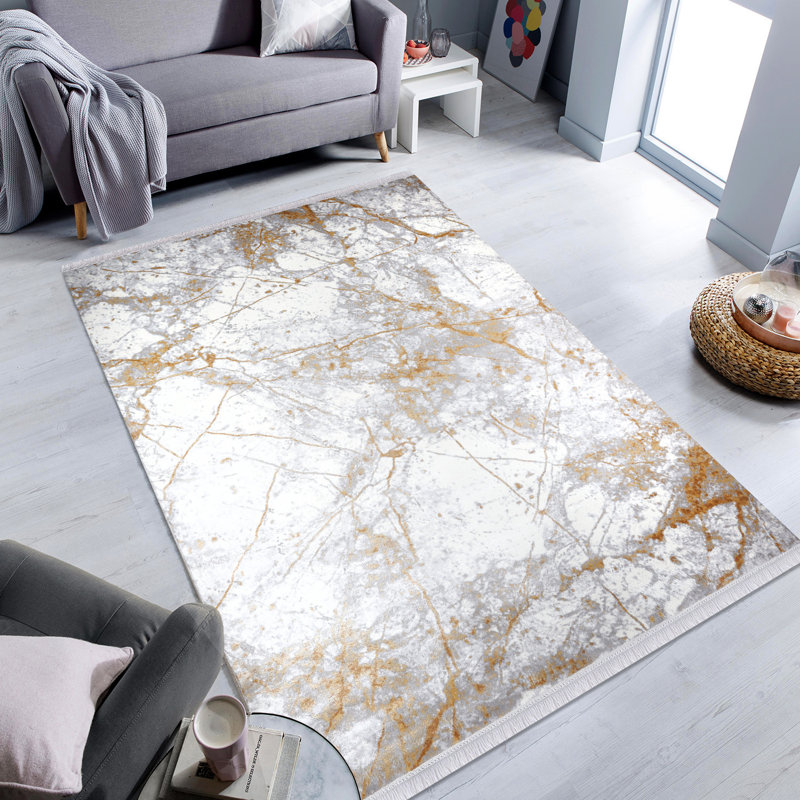 Tapis en polyester tissé à la machine à motif abstrait gris / or / blanc Vallauris, Rectangle 6 pi 7 po x 9 pi 6 po