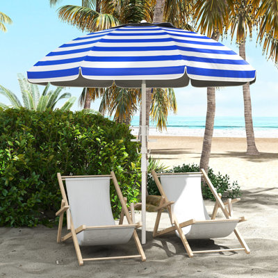 Parasol de plage inclinable, hauteur réglable, housse de protection 40+, 2 porte-gobelets et crochets, parasol à rayures bleues et blanches avec hauteur et inclinaison, protection, rayures
