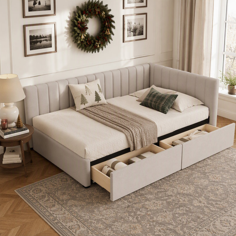 Lit de jour rembourré avec 2 tiroirs de rangement, base de lit pour la maison, Twin, Beige