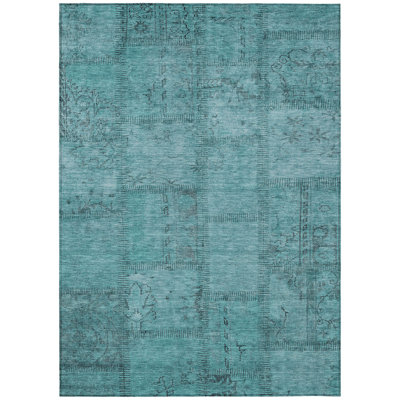 5' X 8' Teal Blue And Aqua Patchwork Washable Indoor Outdoor Area Rug
