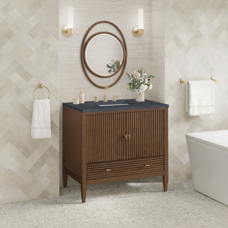 Myrrin 36'' W Single Vanity, Mid-Century Walnut, Charcoal Soapstone, 8" Widespread