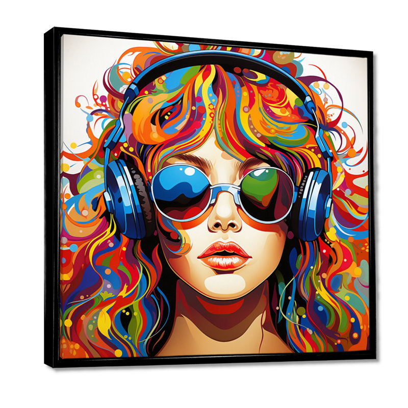 Écouteurs bleus colorés hippie - musique, Toile avec cadre flottant noir, H 16 po x l 16 po x P 1 po