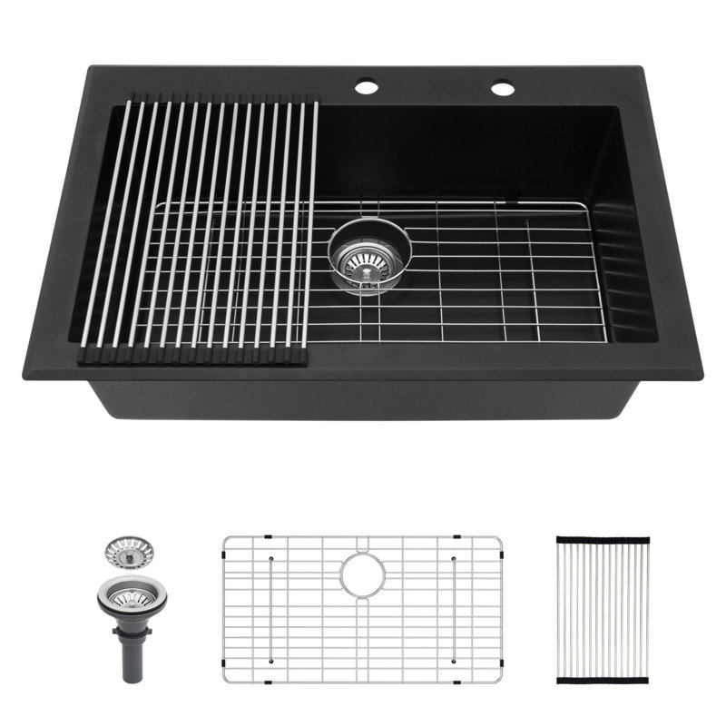 Évier de cuisine en quartz - Évier de cuisine encastré en granite noir 33 x 22 po