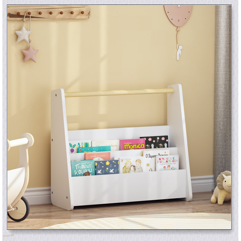 Bibliothèque pour enfants avec poignée en bois, bibliothèque pour tout-petits à 2 niveaux faisant face à l'avant, organisateur de rangement de livres pour enfants pour chambre à coucher, salle de jeux, chambre de bébé ou salle de classe
