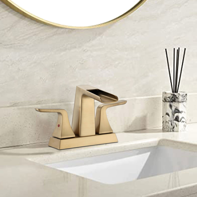 Robinet de lavabo pour salle de bain à deux poignées en cascade doré brossé - Laiton massif de 4 pouces pour une durabilité et une fiabilité La température de l'eau est réglable avec une cartouche en céramique à poignées doubles pour 2/4 pouces