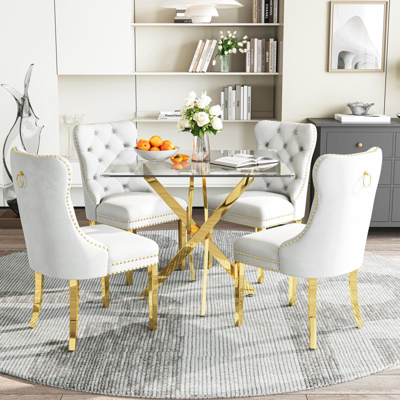 Modern Square Glass Dining Table Set for 4, 36" Tempered Glass Top with Velvet Tufted Nailhead Trim Chairs, Clear/White/Gold
