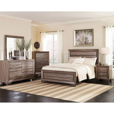 Grand lit 5 pièces, finition taupe délavée, bois franc d'ingénierie, rainures encastrées, table de chevet incluse, bois de la chambre, commode et commode