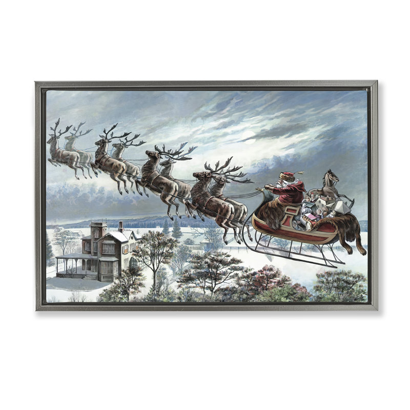 Cadre flottant en forme de traîneau du Père Noël au-dessus de la ville, design par Arlington Prints, H 17 po x l 25 po