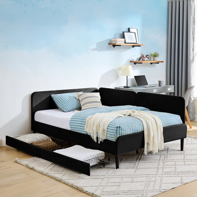 Full Size Upholstered Platform Bed Frame With 2 Storage Drawers, Adjustable Velvet Sofa Bed