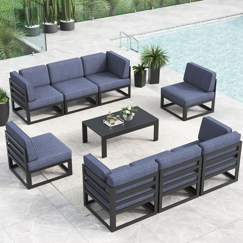 Ensemble modulaire d'extérieur 9 pièces avec table basse 9 pièces, Bleu marine