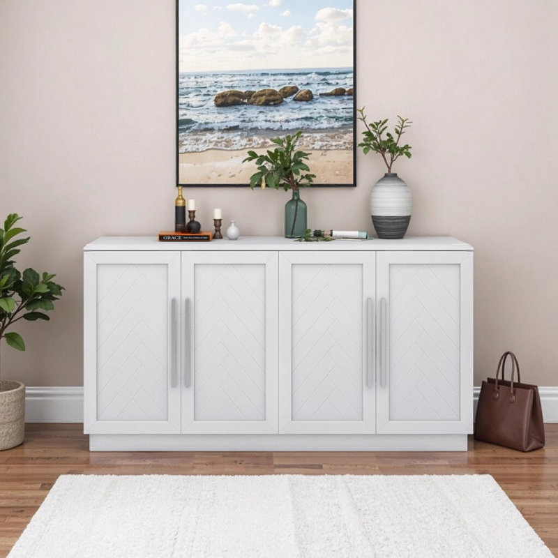 Retro Minimalist 3-door Curved Sideboard With Gold Handles And Adjustable Shelves, White