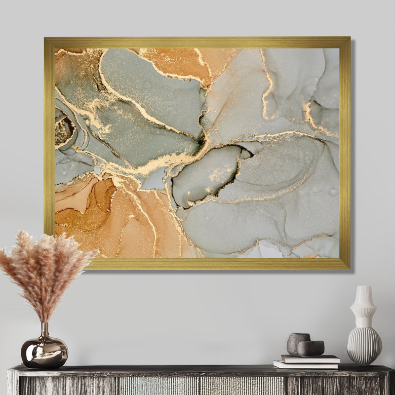 «Brown Luxury Abstract Fluid IV», peinture sur toile, Impression encadrée, H 12 po x l 20 po, Doré