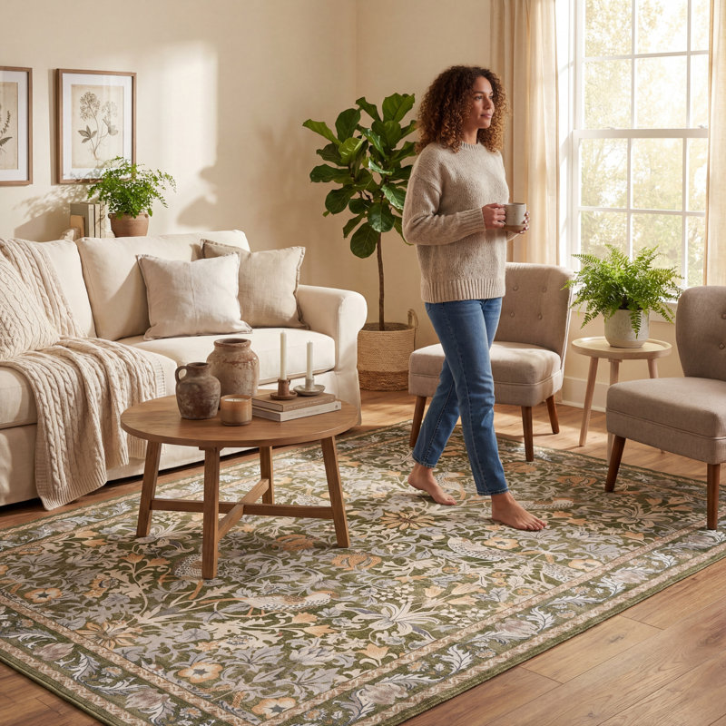  Audessa Floral & Paisley Washable Rug, Green, Runner 2'6" x 8'