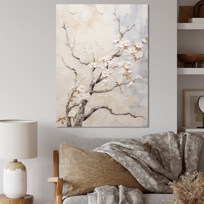 Minimalism White And Grey Cherry Blossom IV - Cherry Blossom Canvas Wall Art