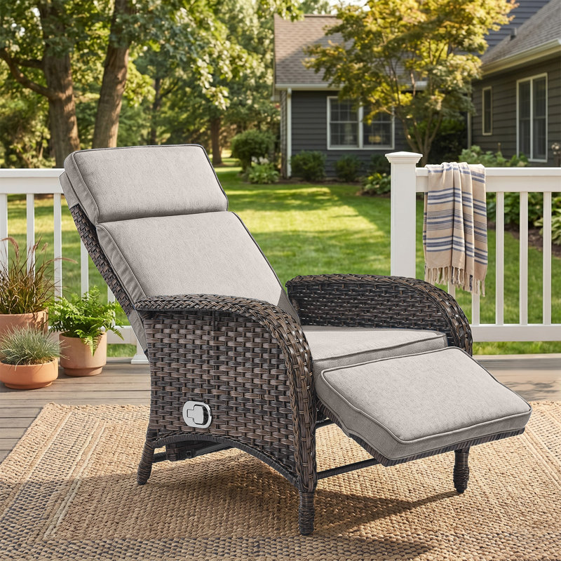 Serita Serita Outdoor All-Weather PE Wicker Adjustable Reclining Lounge Chair With Cushions, Beige