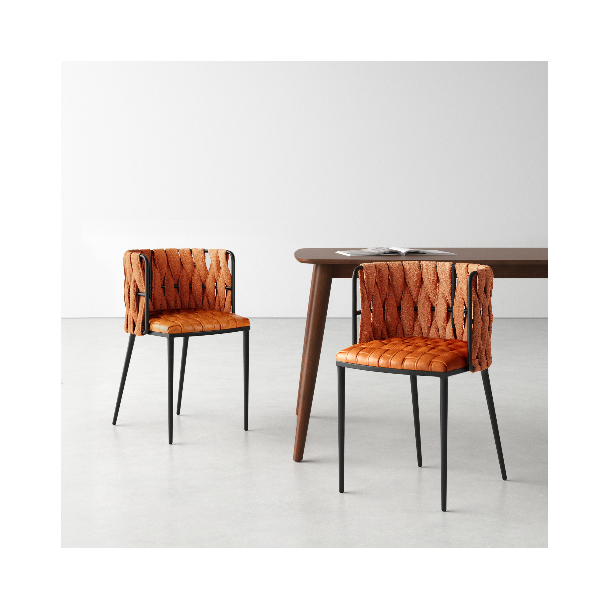 Tyrone Tufted Dining Arm Chair, Orange Faux Leather, Black