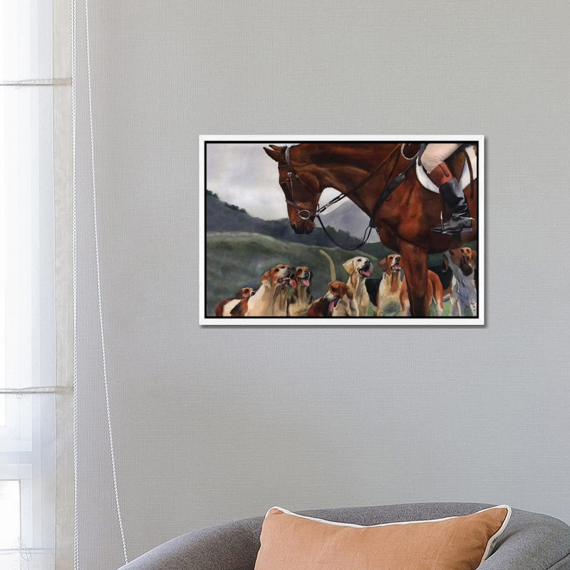 Hunt Horse Hounds by Rachel Parker - Painting on Canvas, White Framed, 45.72cm H x 66.04cm W x 3.81cm D