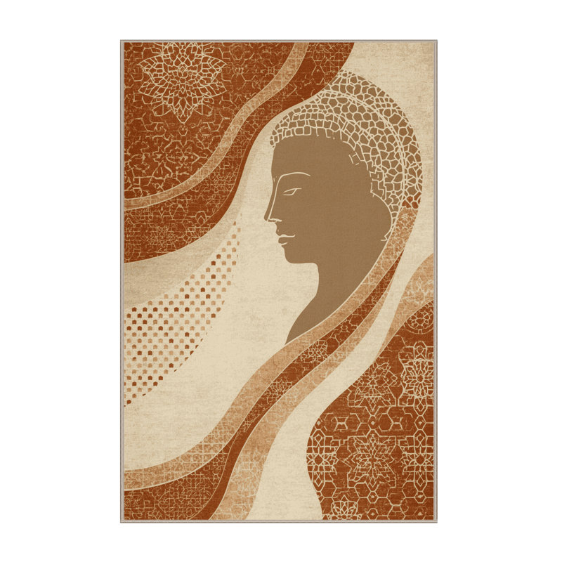 Tapis marocain d'inspiration mondiale parlin Bouddha lavable à la machine symbole de la sagesse - reliure beige, 4 x 2