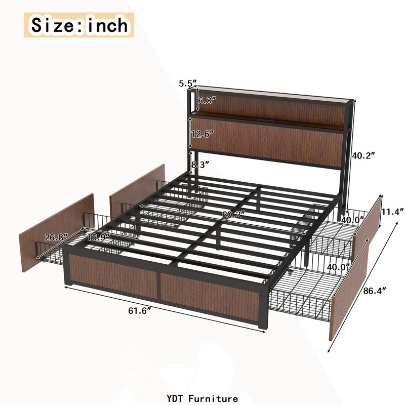 Grand cadre de lit avec rangement à motif surélevé, plateforme en bois avec rangement à tiroirs multiples et douille de chevet, brun
