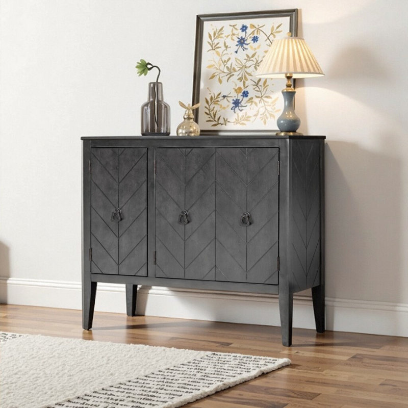 Buffet de rangement gris à tablettes réglables avec pieds en pin et poignées rétro - Entrée, salon, rangement
