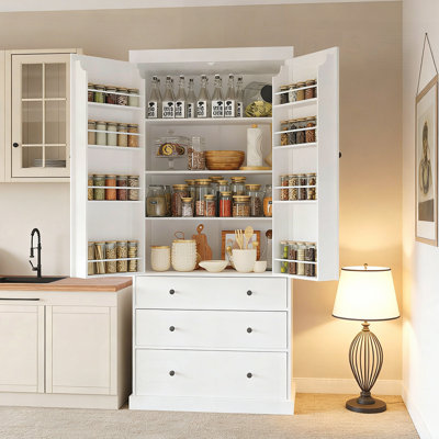 Spacious 77 Inch Farmhouse Kitchen Pantry with Adjustable Shelves, Door Shelves, and Drawers for Optimal Storage