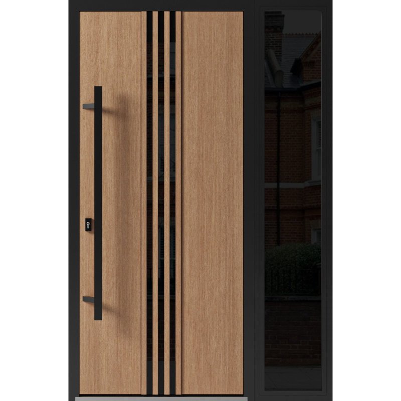 Façade avant en acier pré-suspendue / teck Ronex 1055 / fenêtre extérieure latérale en Sidelite / entrée en métal moderne peinte l 36 po x H 12 po x H 80 po à droite