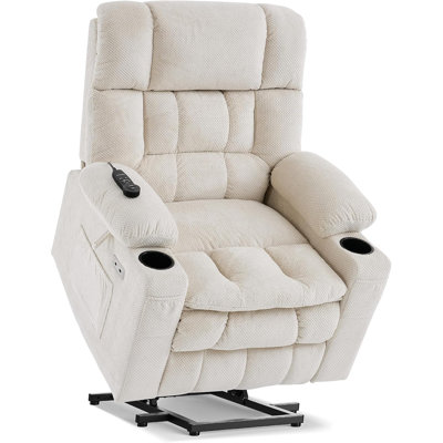 Dual Motor Power Lift Chair Recliner for Elderly with Massage and Heat, Infinite Position Electric Lift Recliner with Adjustable Headrest, USB (T6015 - Plush Fabric, Cream White, Medium)