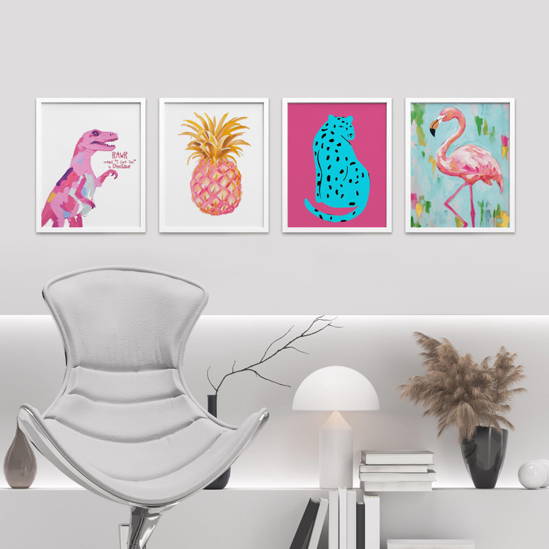 «Playful Dinosaur And Flamingo», impression sur papier 4 pièces, Blanc, H 14 po x l 11 po