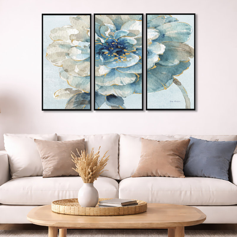 Indigold Watercolor Flower II - ensemble d'art mural sur toile encadré traditionnel de 3, 32" H x 48" W x 1" D, Cadre noir
