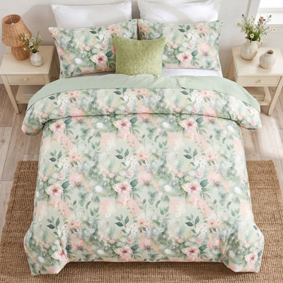Floral Queen Comforter Set 100% Cotton Bedding Set Green Flower Botanical Bedding French Country Bedroom Decor Soft & Breathable Cottage Core Bed Comforter Set