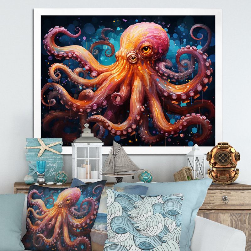 Octopus Expressionist Abyss II sur toile, H 12 po x l 20 po x P 1 po, Cadre simple blanc