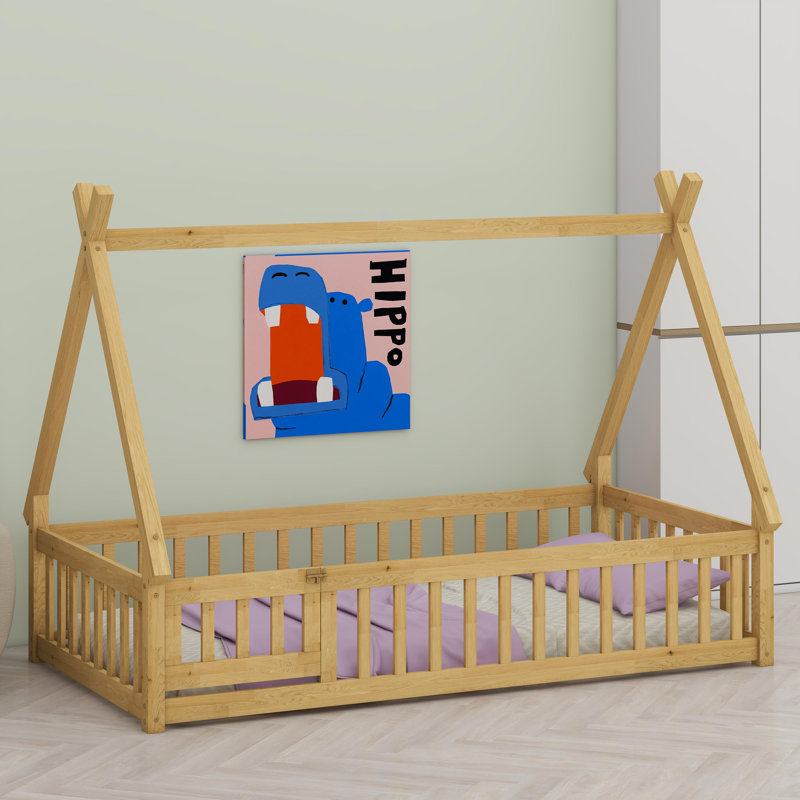 Tent-Inspired Floor Bed With Guardrails, Slats, And Playful Door Opening, Natural, Twin