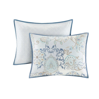 Ensemble de 8 pièces en coton pour lit très grand bleu réversible à motif floral
