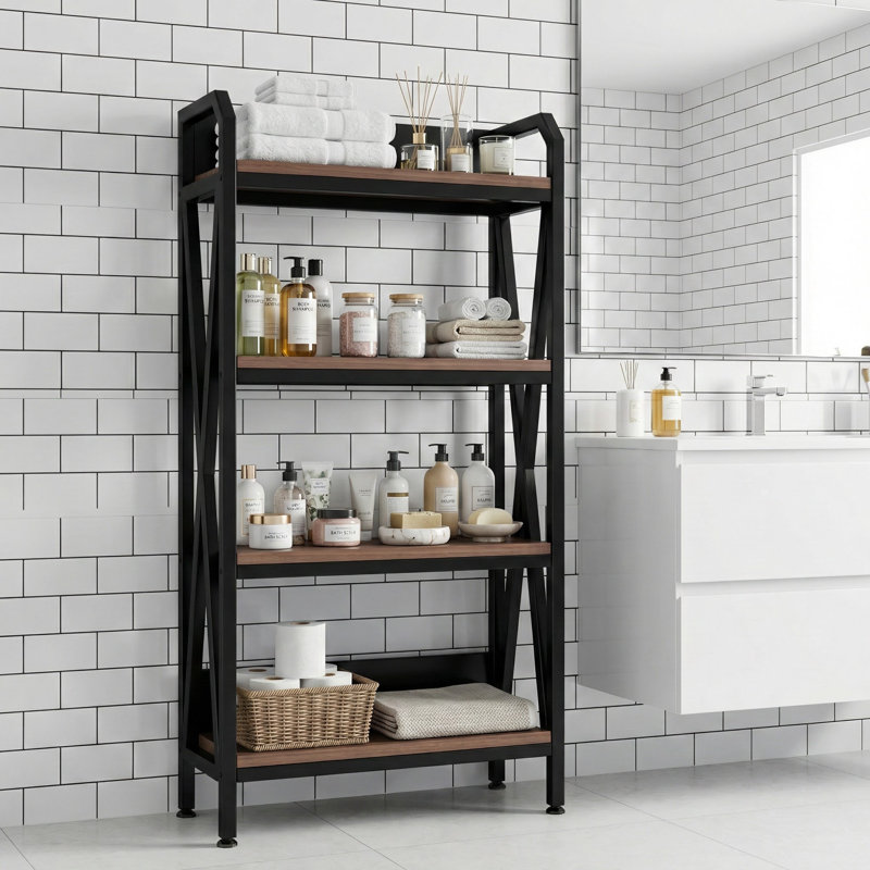 Étagère de boulanger à 4 niveaux avec structure en métal et tablettes en bois - Tablette ouverte rustique pour le garde-manger, la salle de bain et le garage