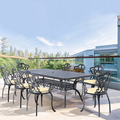 Ensemble de 9 meubles de patio en aluminium coulé avec cadre noir et coussins de siège blanc cassé