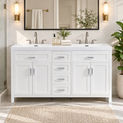 Meuble-lavabo double 59 po, comptoir en résine, quatre tiroirs et deux armoires